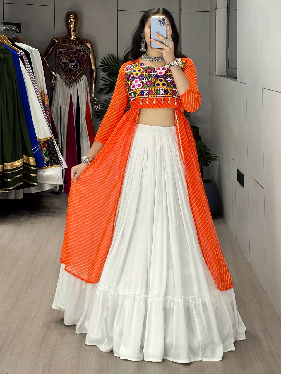 Orange Pure Rayon Cotton Leheriya Prints Navratri Lehenga Choli
