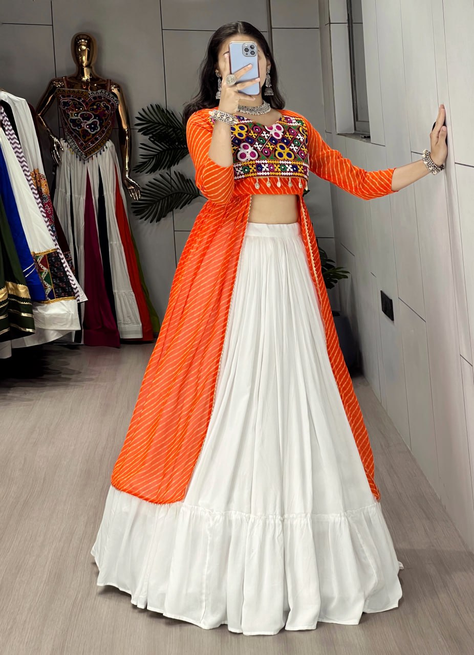 Orange Pure Rayon Cotton Leheriya Prints Navratri Lehenga Choli
