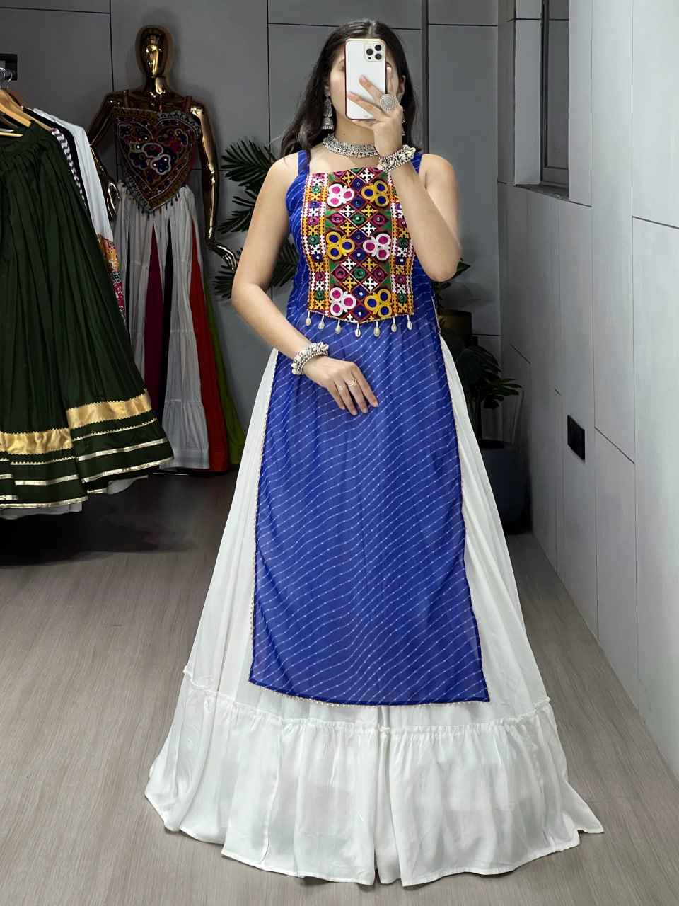 Blue Pure Rayon Cotton Leheriya Prints Navratri Lehenga Choli