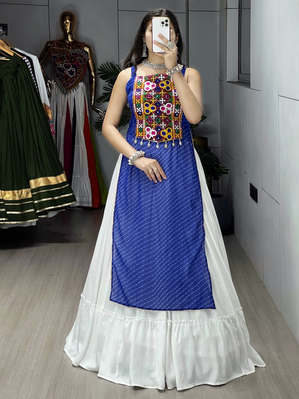 Blue Pure Rayon Cotton Leheriya Prints Navratri Lehenga Choli