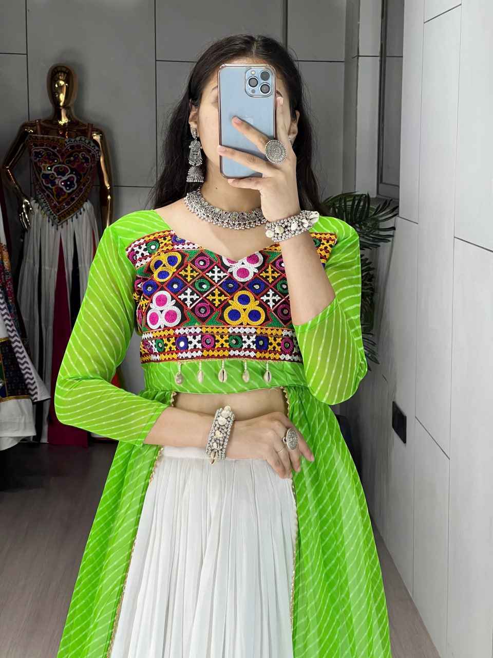 Green Pure Rayon Cotton Leheriya Prints Navratri Lehenga Choli