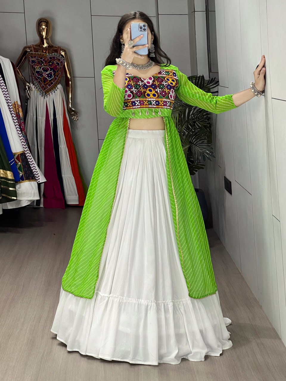 Green Pure Rayon Cotton Leheriya Prints Navratri Lehenga Choli