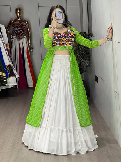 Green Pure Rayon Cotton Leheriya Prints Navratri Lehenga Choli