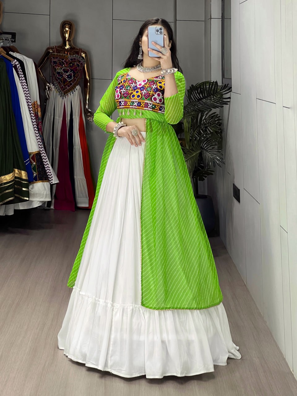Green Pure Rayon Cotton Leheriya Prints Navratri Lehenga Choli