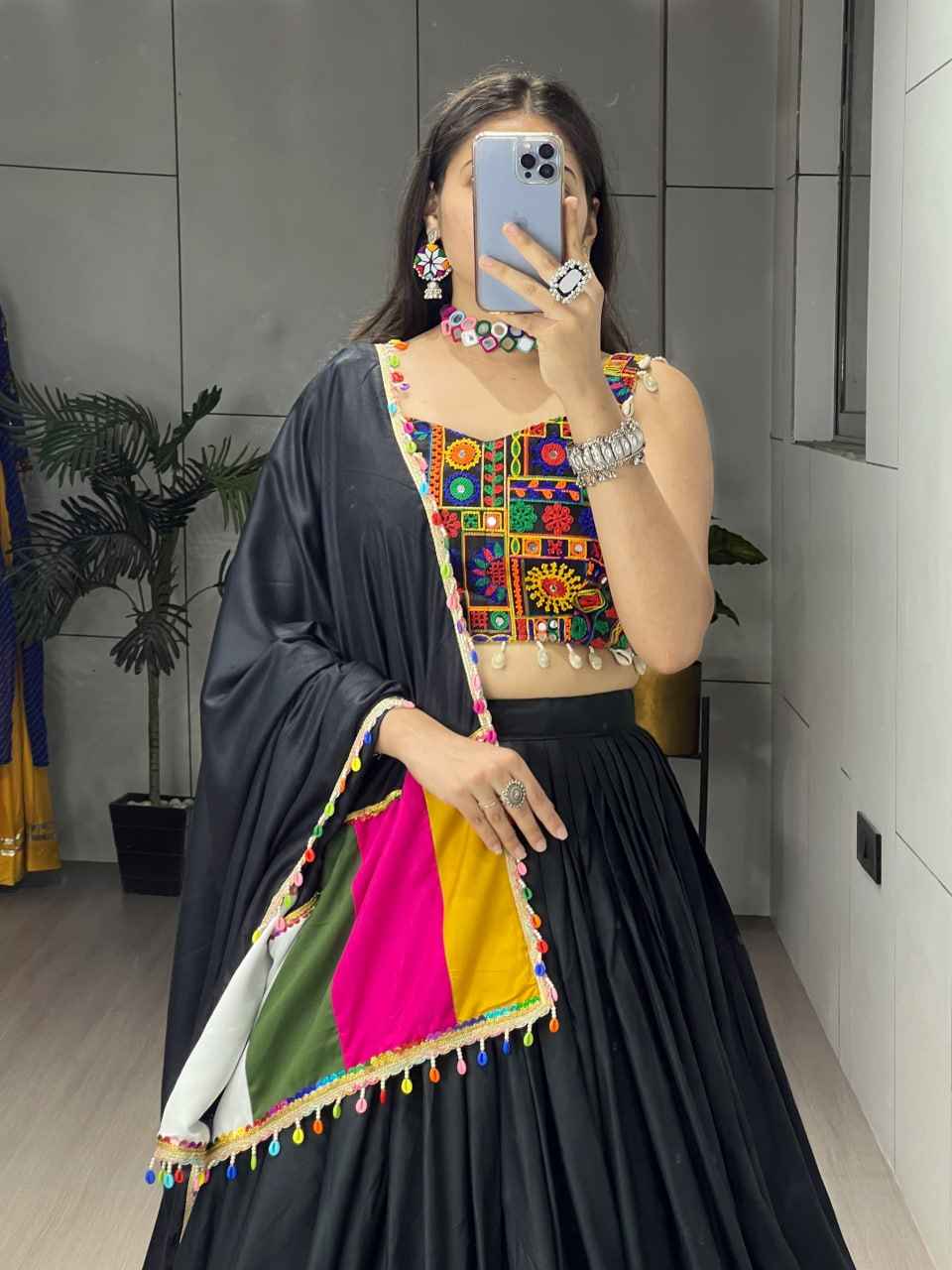 Black Pure Rayon Cotton Plain With Real Mirror Gamthi Work Navratri Lehenga Choli