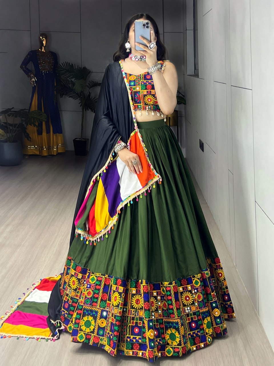 Green Pure Rayon Cotton Plain With Real Mirror Gamthi Work Navratri Lehenga Choli