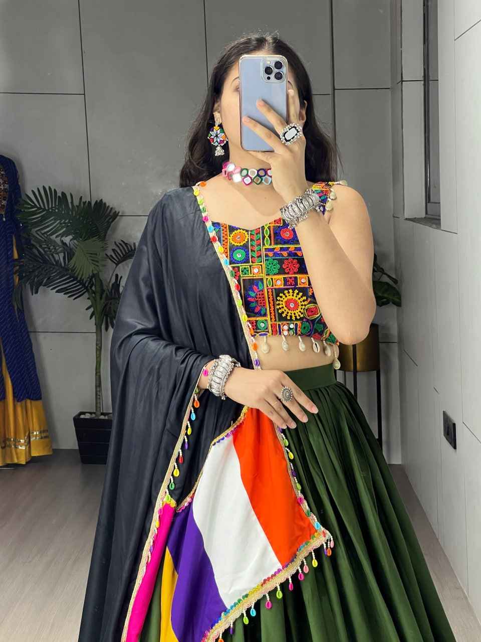 Green Pure Rayon Cotton Plain With Real Mirror Gamthi Work Navratri Lehenga Choli