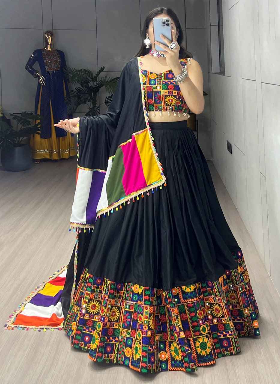 Black Pure Rayon Cotton Plain With Real Mirror Gamthi Work Navratri Lehenga Choli