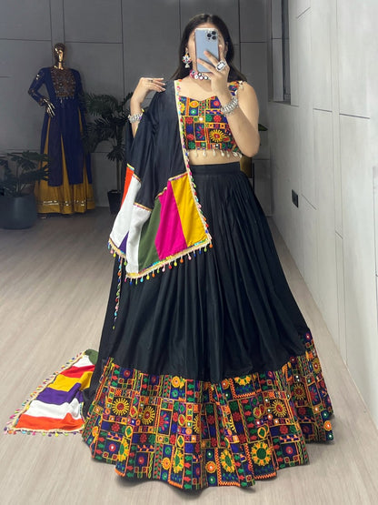 Black Pure Rayon Cotton Plain With Real Mirror Gamthi Work Navratri Lehenga Choli