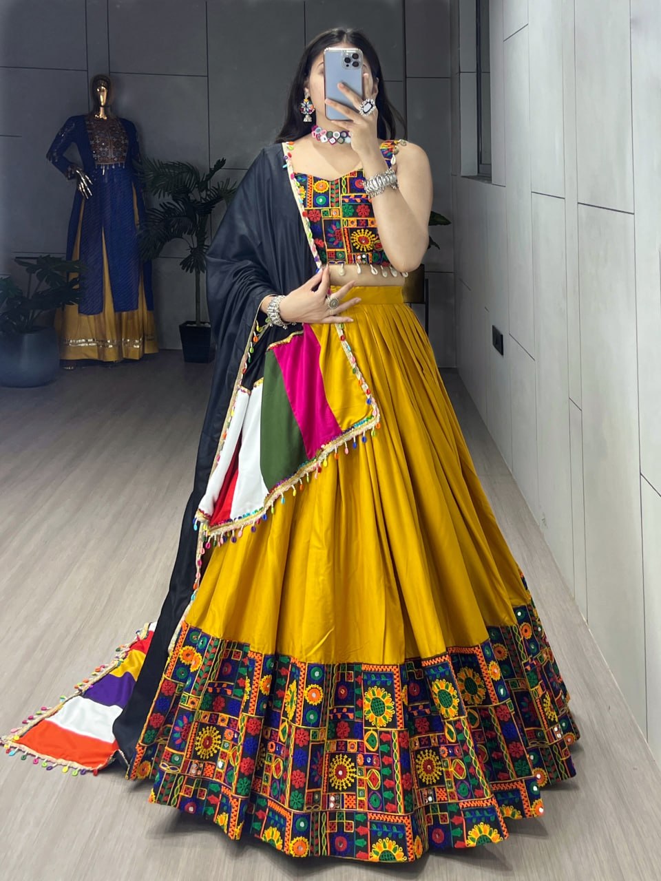 Yellow Pure Rayon Cotton Plain With Real Mirror Gamthi Work Navratri Lehenga Choli
