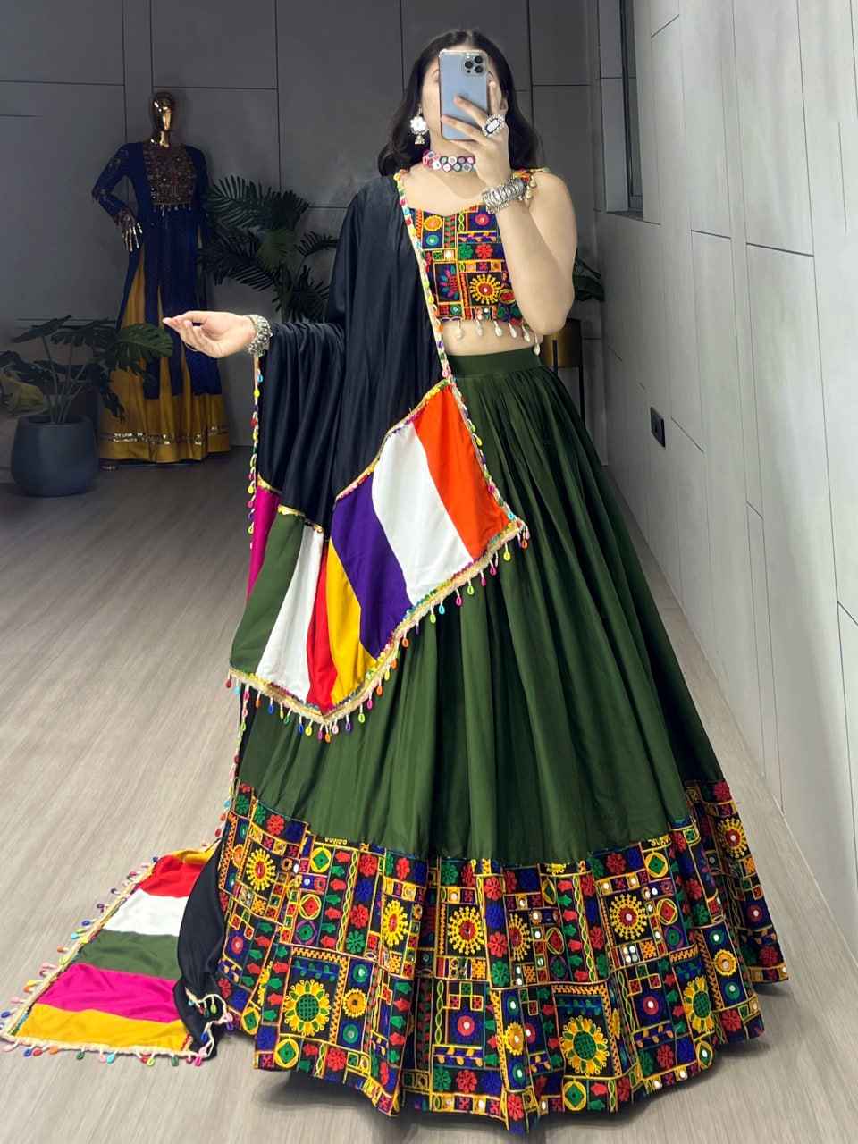 Green Pure Rayon Cotton Plain With Real Mirror Gamthi Work Navratri Lehenga Choli