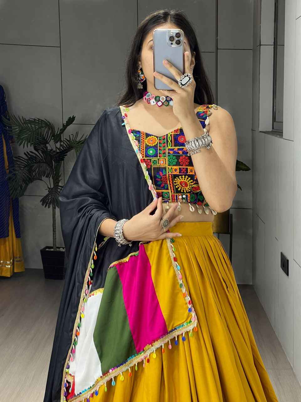 Yellow Pure Rayon Cotton Plain With Real Mirror Gamthi Work Navratri Lehenga Choli