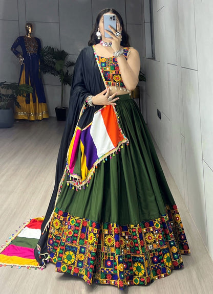 Green Pure Rayon Cotton Plain With Real Mirror Gamthi Work Navratri Lehenga Choli