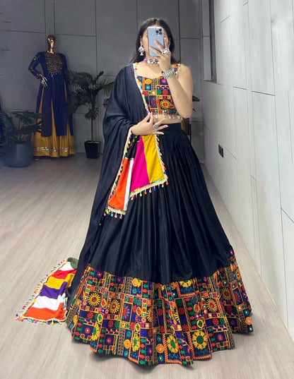 Black Pure Rayon Cotton Plain With Real Mirror Gamthi Work Navratri Lehenga Choli
