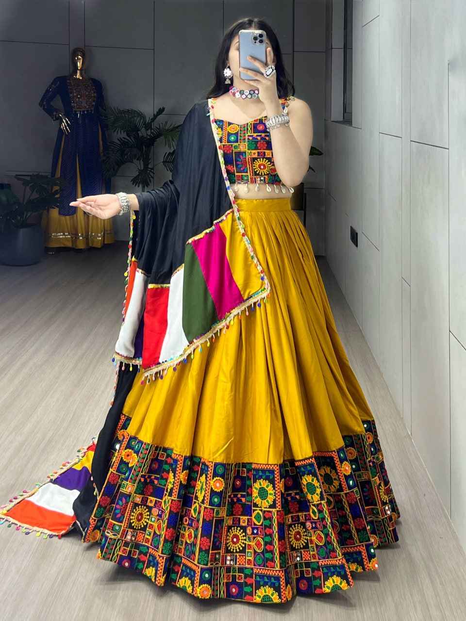 Yellow Pure Rayon Cotton Plain With Real Mirror Gamthi Work Navratri Lehenga Choli