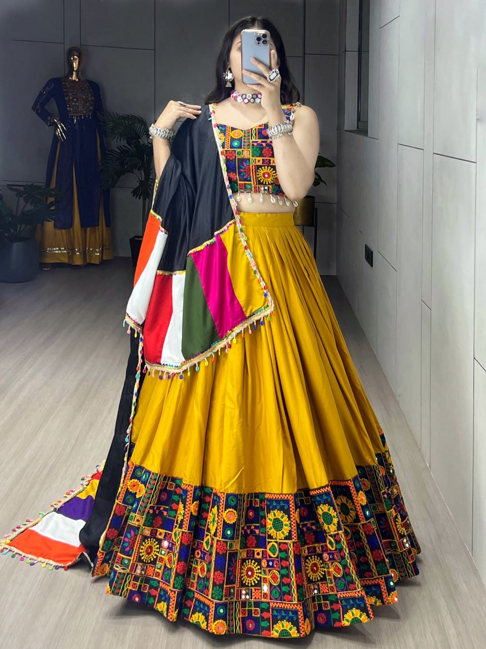 Yellow Pure Rayon Cotton Plain With Real Mirror Gamthi Work Navratri Lehenga Choli