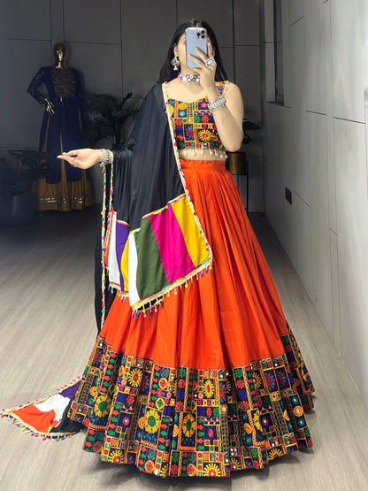 Orange Pure Rayon Cotton Plain With Real Mirror Gamthi Work Navratri Lehenga Choli