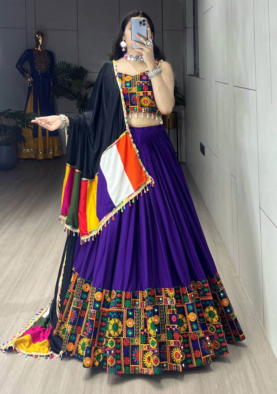 Blue Pure Rayon Cotton Plain With Real Mirror Gamthi Work Navratri Lehenga Choli