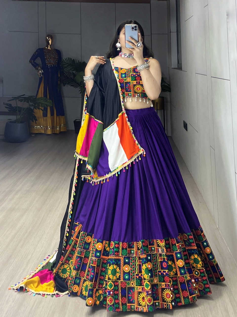 Blue Pure Rayon Cotton Plain With Real Mirror Gamthi Work Navratri Lehenga Choli