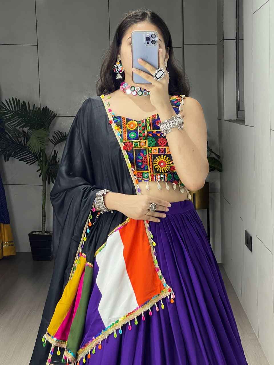 Blue Pure Rayon Cotton Plain With Real Mirror Gamthi Work Navratri Lehenga Choli