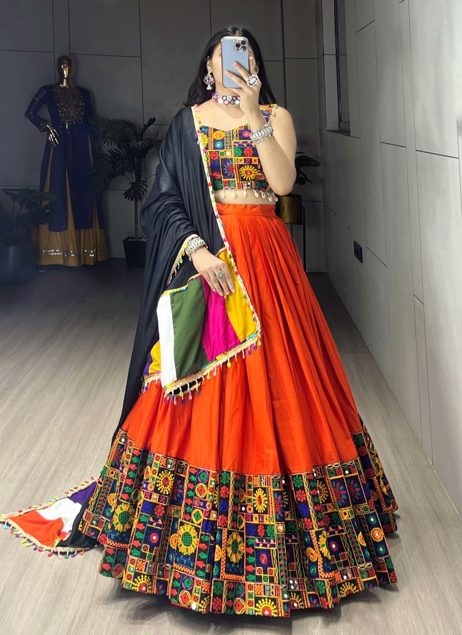 Orange Pure Rayon Cotton Plain With Real Mirror Gamthi Work Navratri Lehenga Choli
