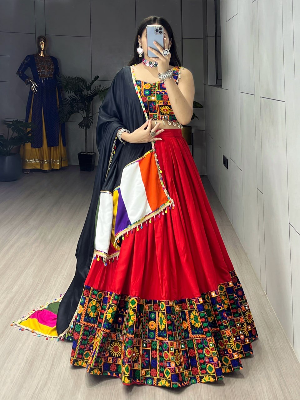 Red Pure Rayon Cotton Plain With Real Mirror Gamthi Work Navratri Lehenga Choli