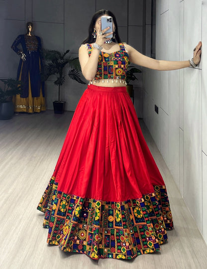 Red Pure Rayon Cotton Plain With Real Mirror Gamthi Work Navratri Lehenga Choli