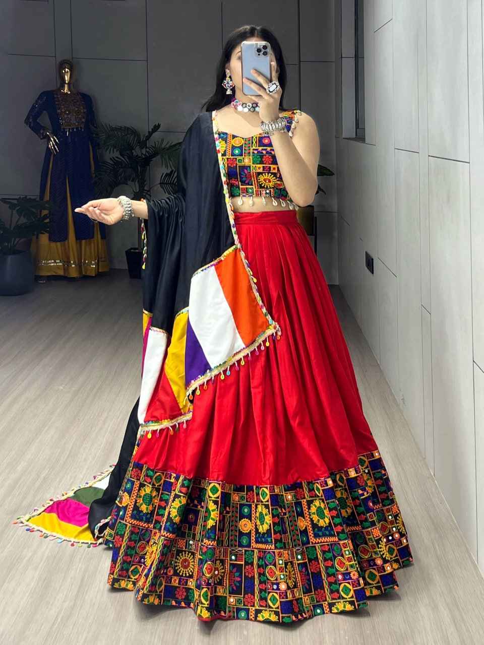 Red Pure Rayon Cotton Plain With Real Mirror Gamthi Work Navratri Lehenga Choli