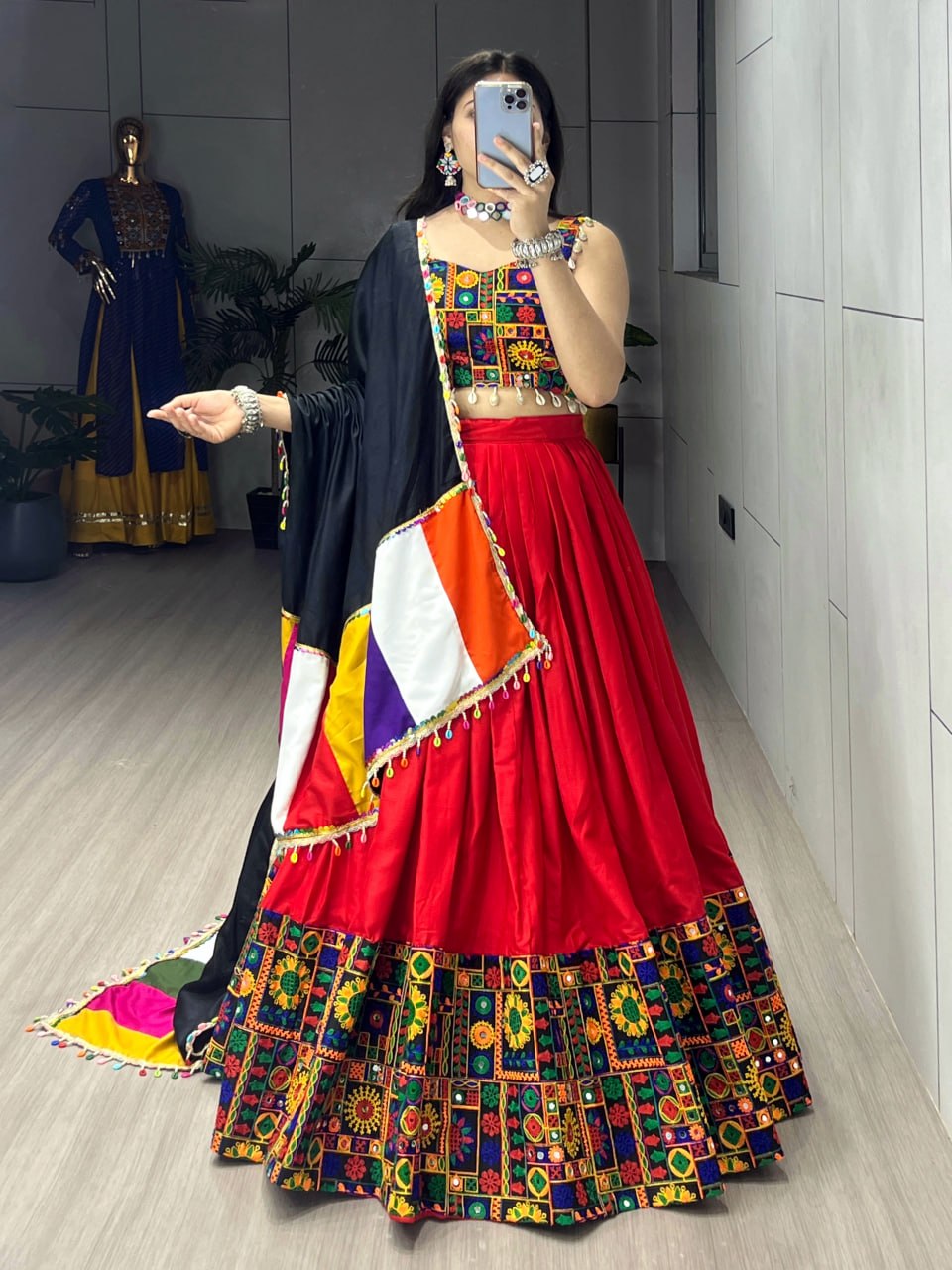 Red Pure Rayon Cotton Plain With Real Mirror Gamthi Work Navratri Lehenga Choli