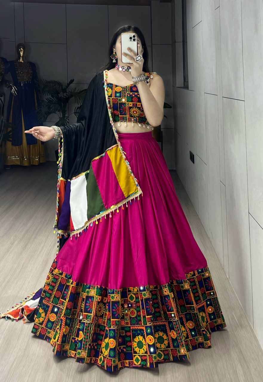 Rani Pure Rayon Cotton Plain With Real Mirror Gamthi Work Navratri Lehenga Choli