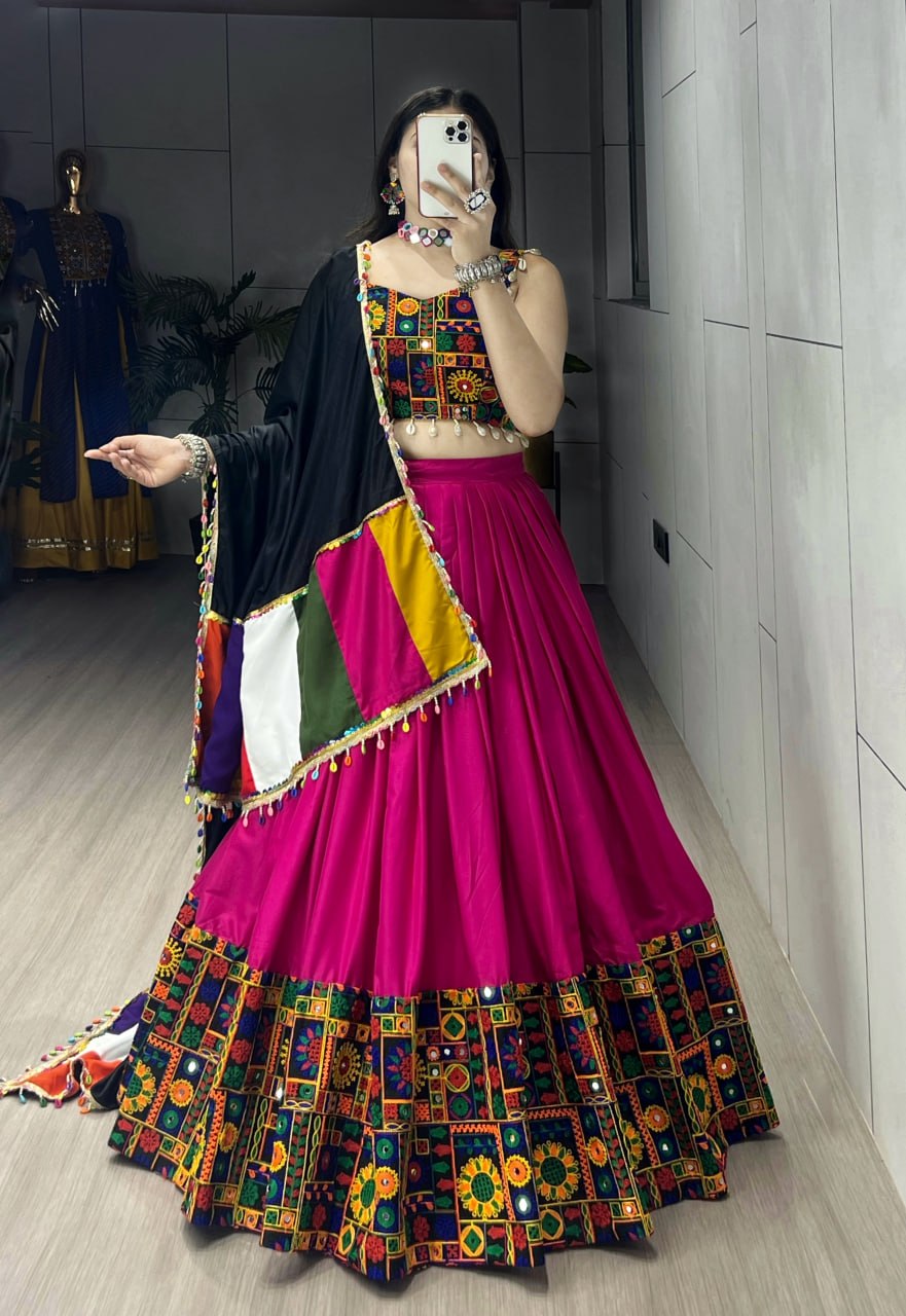 Rani Pure Rayon Cotton Plain With Real Mirror Gamthi Work Navratri Lehenga Choli