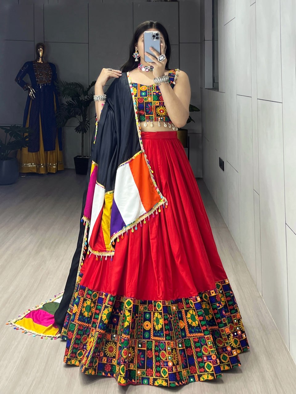 Red Pure Rayon Cotton Plain With Real Mirror Gamthi Work Navratri Lehenga Choli