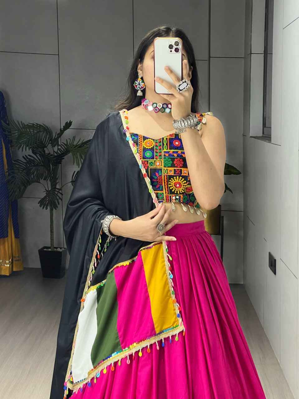 Rani Pure Rayon Cotton Plain With Real Mirror Gamthi Work Navratri Lehenga Choli