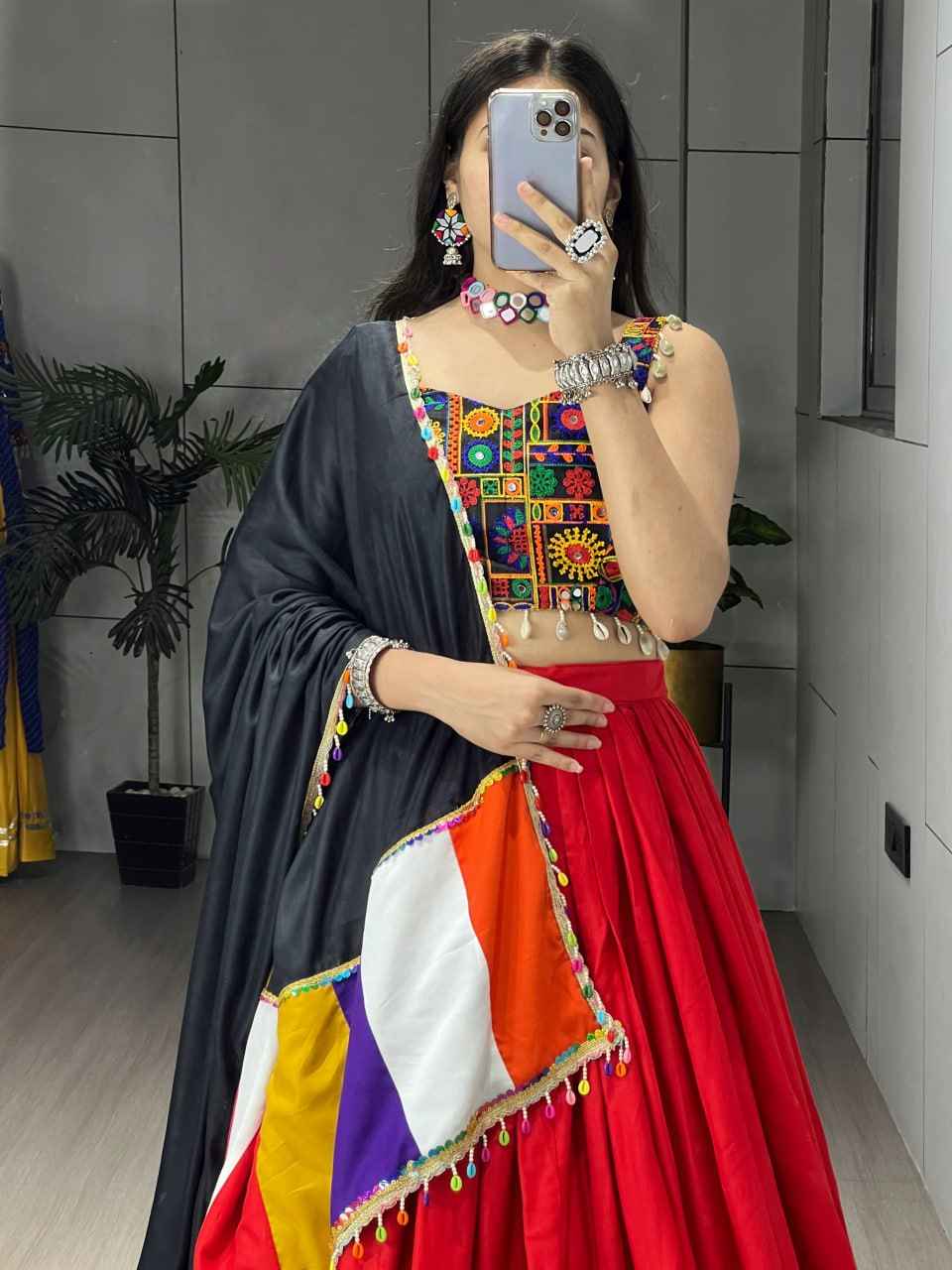 Red Pure Rayon Cotton Plain With Real Mirror Gamthi Work Navratri Lehenga Choli