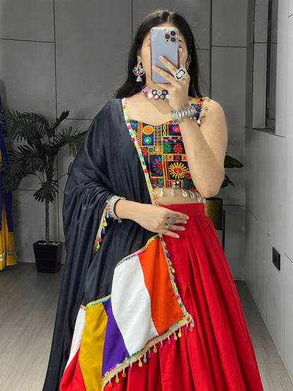 Red Pure Rayon Cotton Plain With Real Mirror Gamthi Work Navratri Lehenga Choli
