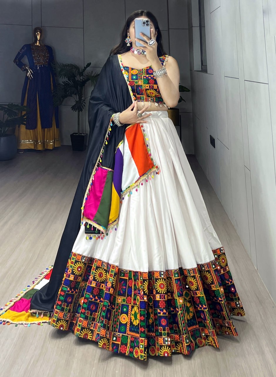 White Pure Rayon Cotton Plain With Real Mirror Gamthi Work Navratri Lehenga Choli