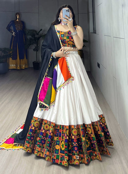 White Pure Rayon Cotton Plain With Real Mirror Gamthi Work Navratri Lehenga Choli