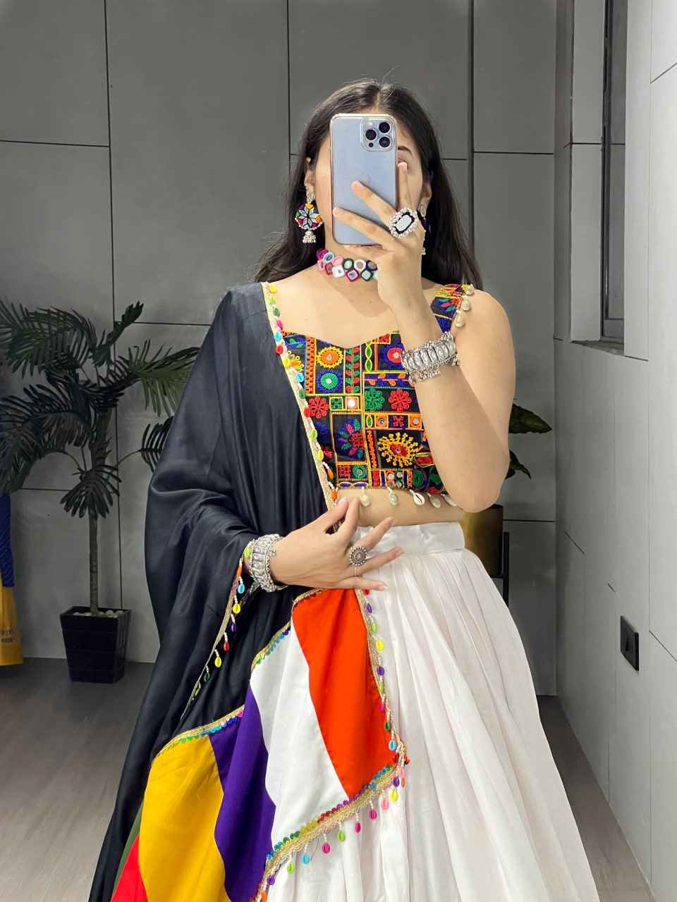 White Pure Rayon Cotton Plain With Real Mirror Gamthi Work Navratri Lehenga Choli