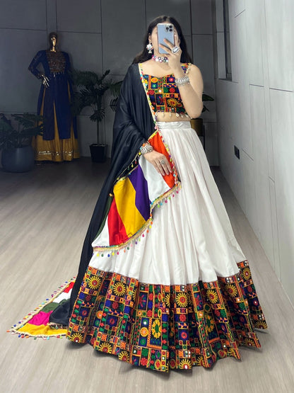 White Pure Rayon Cotton Plain With Real Mirror Gamthi Work Navratri Lehenga Choli
