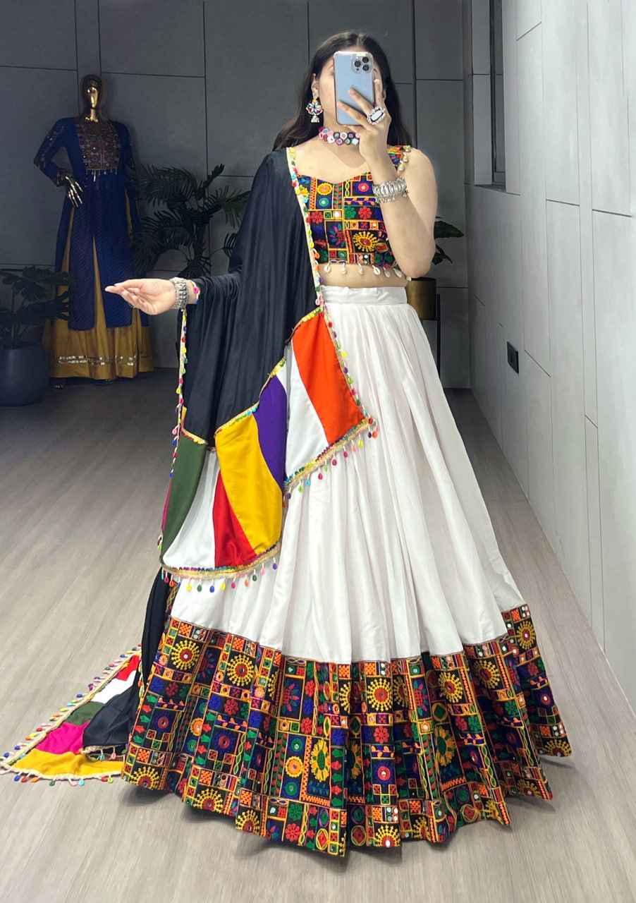 White Pure Rayon Cotton Plain With Real Mirror Gamthi Work Navratri Lehenga Choli