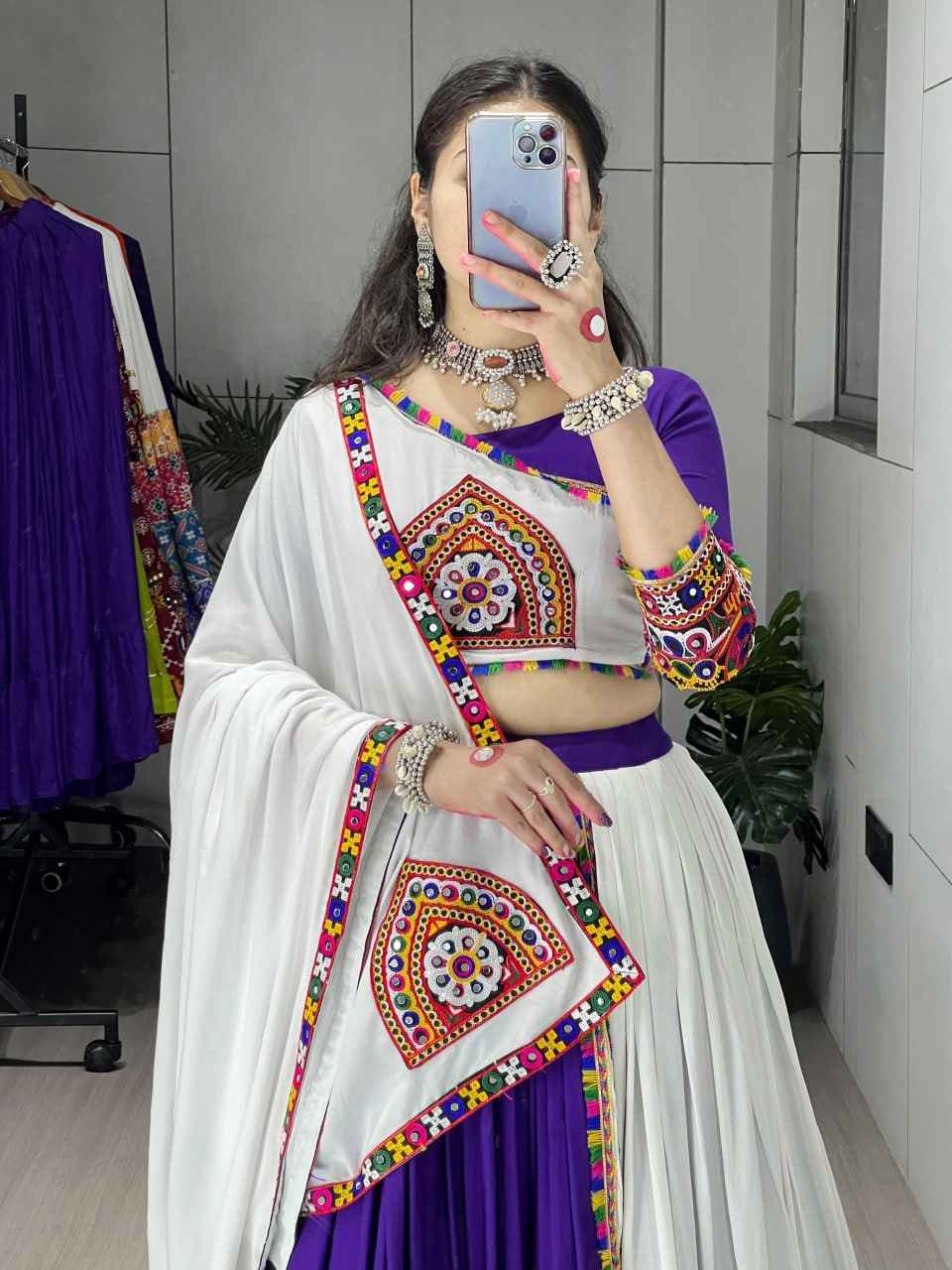 Purple Pure Rayon Cotton Plain With Real Mirror Gamthi Work Navratri Lehenga Choli