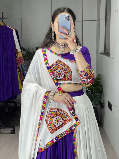 Purple Pure Rayon Cotton Plain With Real Mirror Gamthi Work Navratri Lehenga Choli