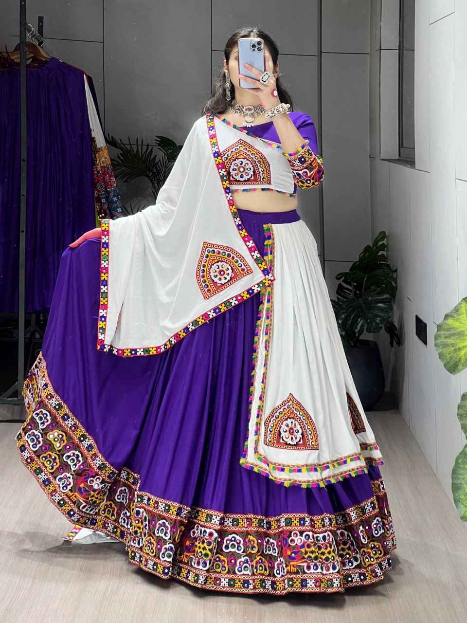 Purple Pure Rayon Cotton Plain With Real Mirror Gamthi Work Navratri Lehenga Choli