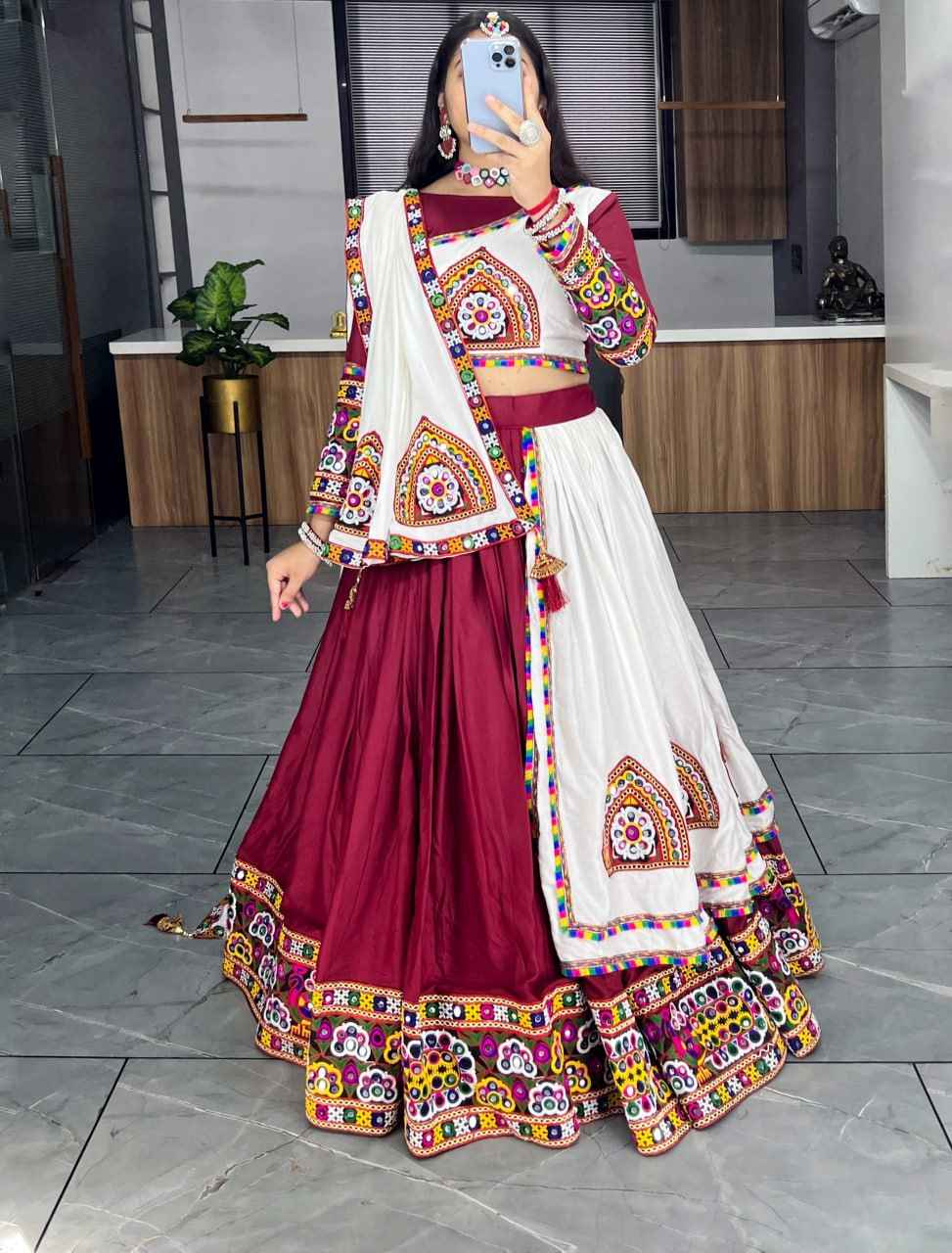 Red Pure Rayon Cotton Plain With Real Mirror Gamthi Work Navratri Lehenga Choli