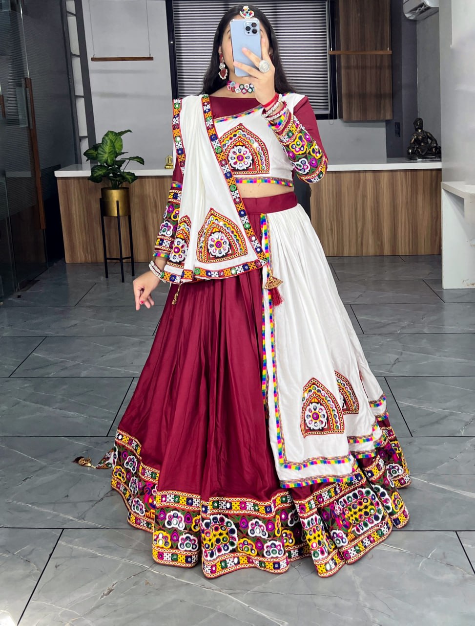 Red Pure Rayon Cotton Plain With Real Mirror Gamthi Work Navratri Lehenga Choli