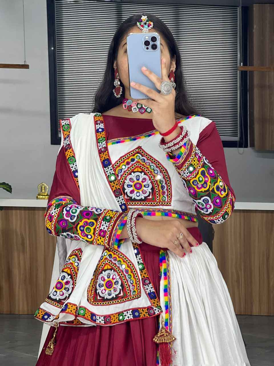 Red Pure Rayon Cotton Plain With Real Mirror Gamthi Work Navratri Lehenga Choli