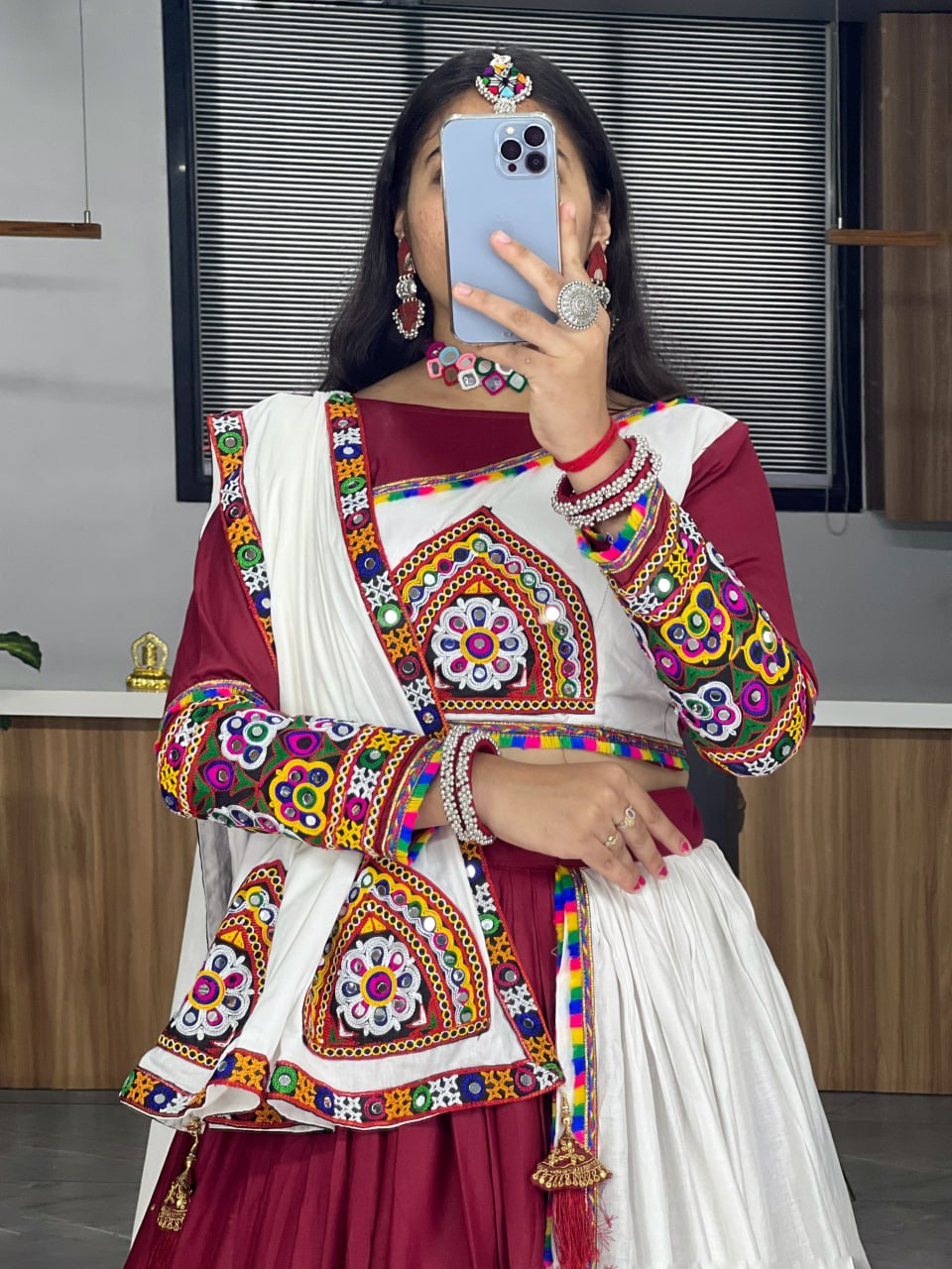 Red Pure Rayon Cotton Plain With Real Mirror Gamthi Work Navratri Lehenga Choli