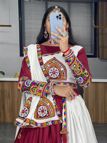 Red Pure Rayon Cotton Plain With Real Mirror Gamthi Work Navratri Lehenga Choli