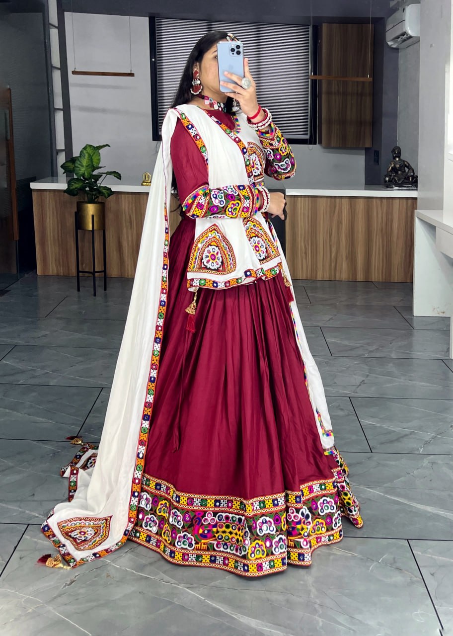 Red Pure Rayon Cotton Plain With Real Mirror Gamthi Work Navratri Lehenga Choli