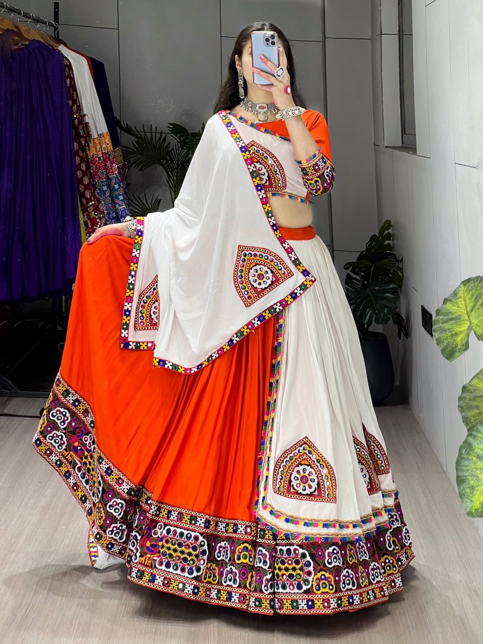 Orange Pure Rayon Cotton Plain With Real Mirror Gamthi Work Navratri Lehenga Choli